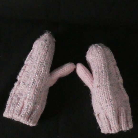 Fleece Lined Pink and Grey Knit Mittens with Shiny Fibers - Picture 2 of 15